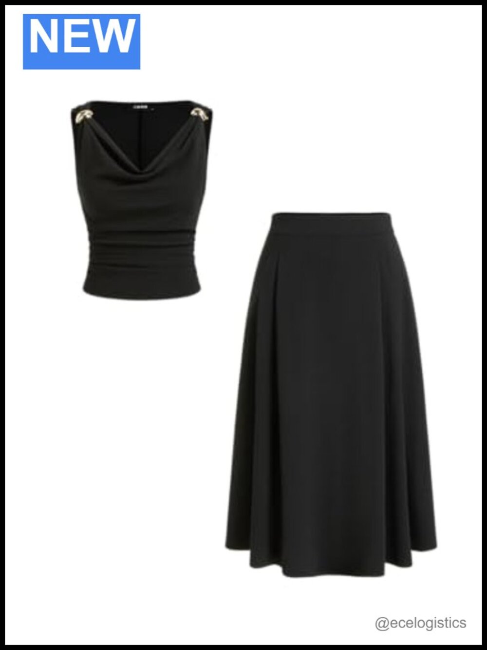 Womens Two Piece Outfits Cowl Neck Metal Decor Sleeveless Top and A Line Skirt